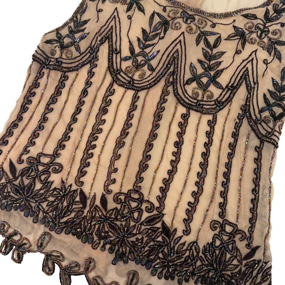 Caroll Vintage 90's French Sheer Beaded Sleeveless Blouse Peach Chiffon Boho Top - Picture 4 of 6